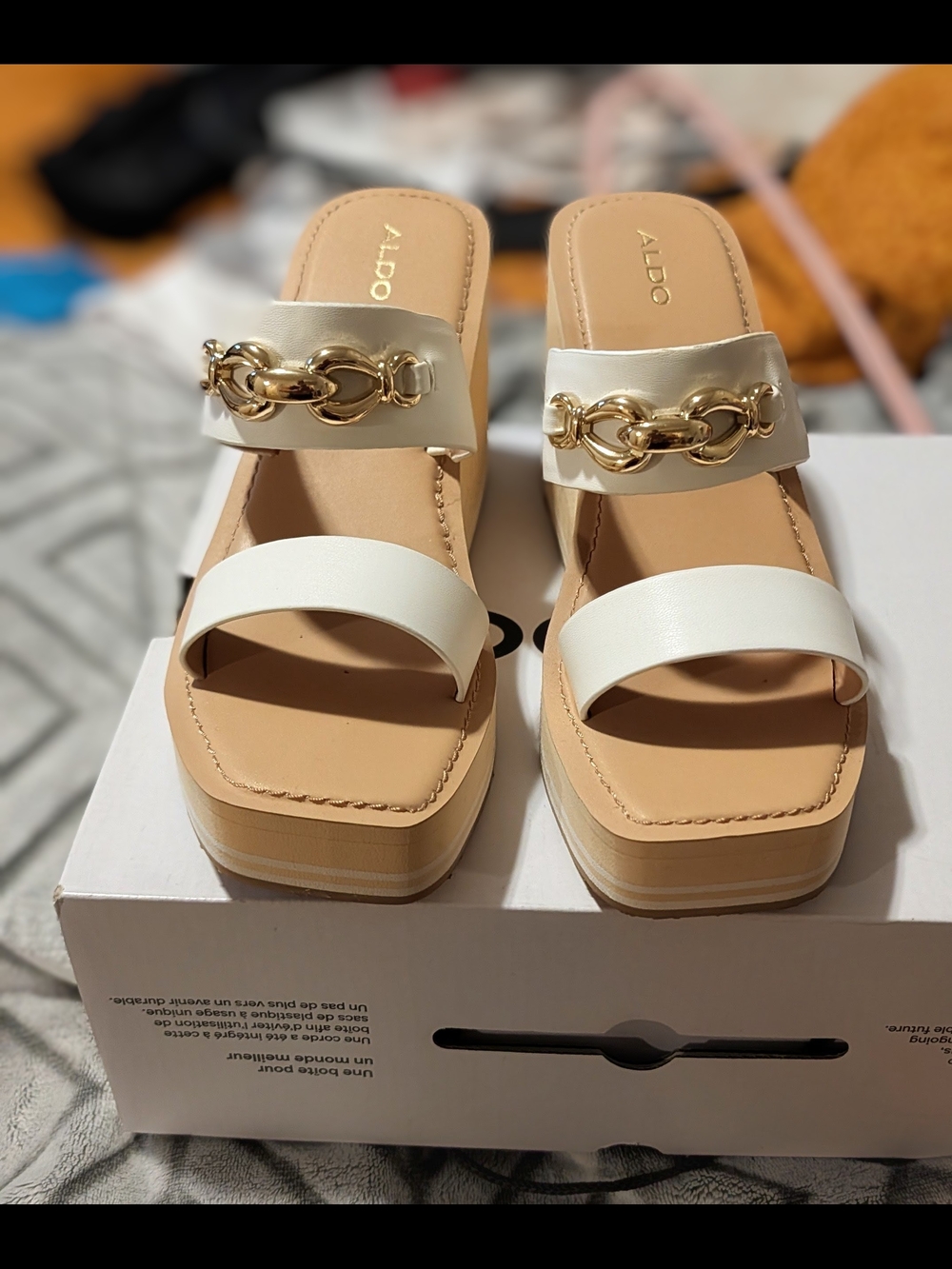 ALDO White and Gold Chain-Detail Platform Slide Mules